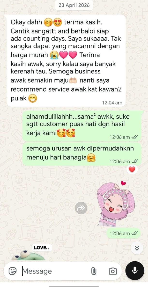 Testimoni pelanggan sebenar melalui WhatsApp